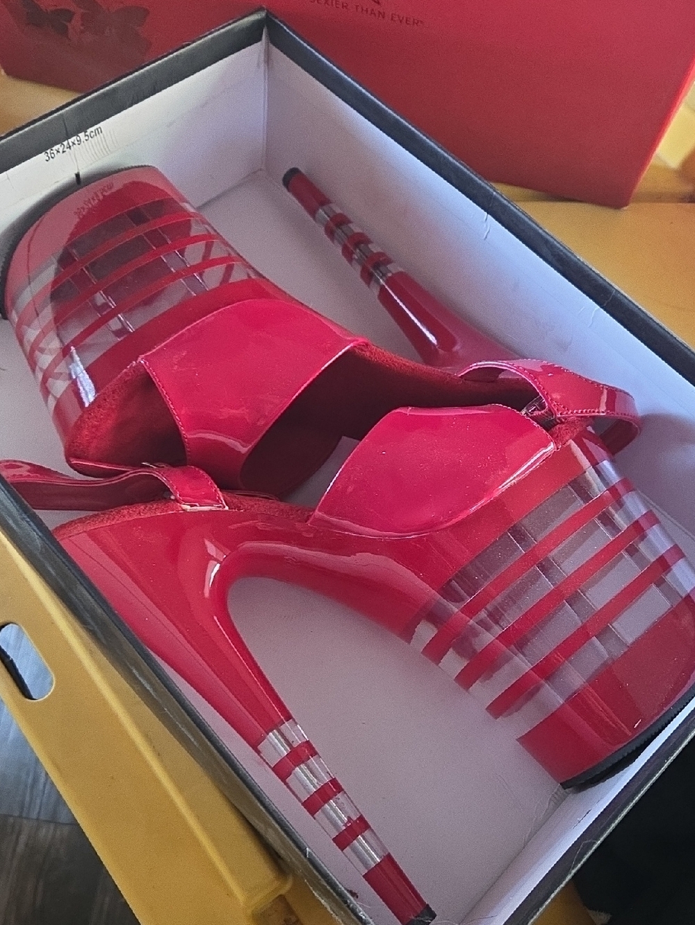 Pleaser Red Patent Platform Heel Sandals with Clear Stripes